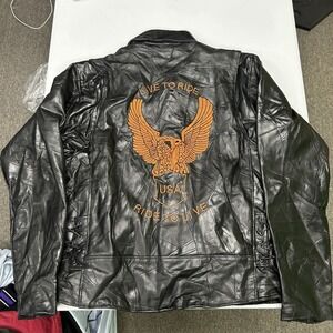 Diamond Plate Leather Jacket Mens XL Black Patchwork Eagle Live To Ride USA D3